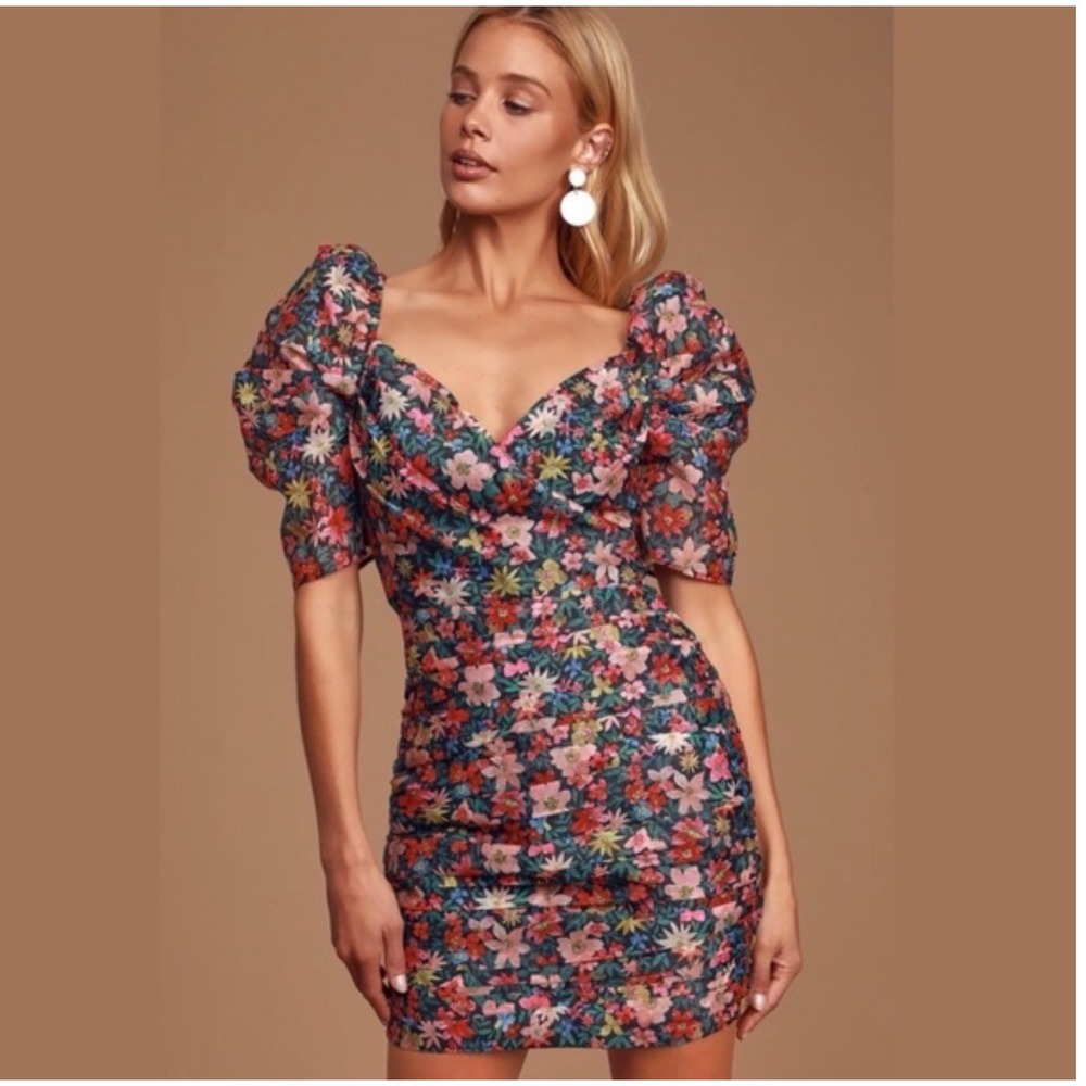 C/MEO Collective And Ever More Floral Puff Sleeve Ruched Mini Dress Size 6